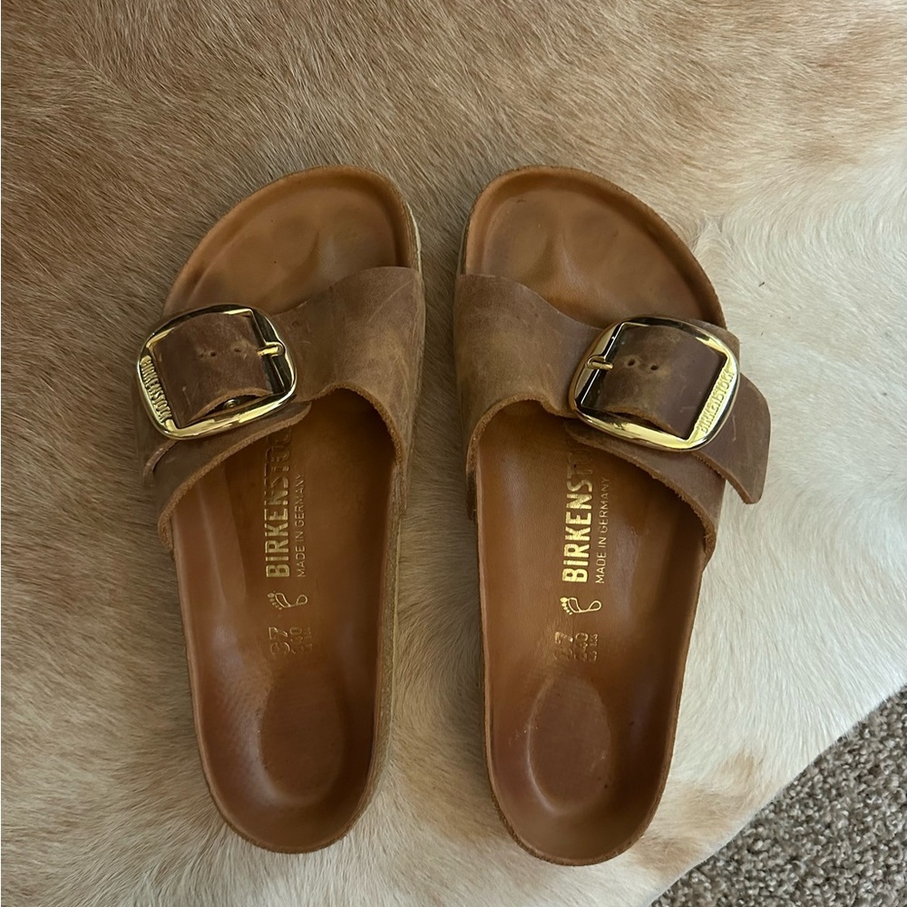 Birkenstock Brown Slide Sandals with Gold Buckle